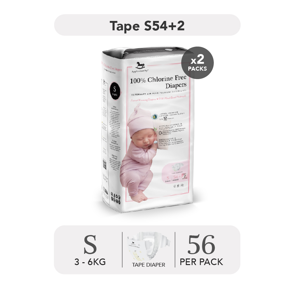 Applecrumby Chlorine Free Premium Overnight Mega Pack Baby Tape Diaper (S56 Twin Pack